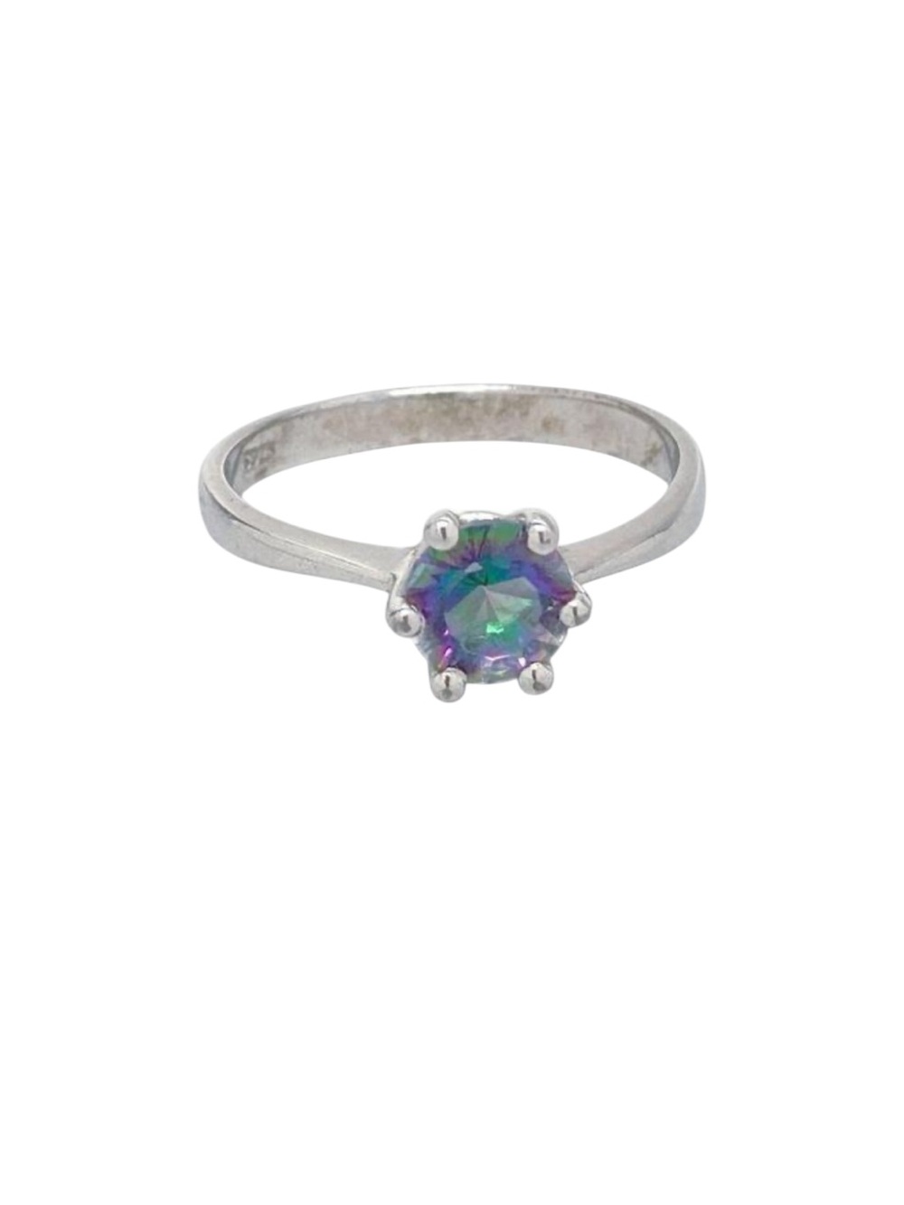 Mystic Quartz Solitaire Rhodium Over Sterling Silver 925 Ring Size 7